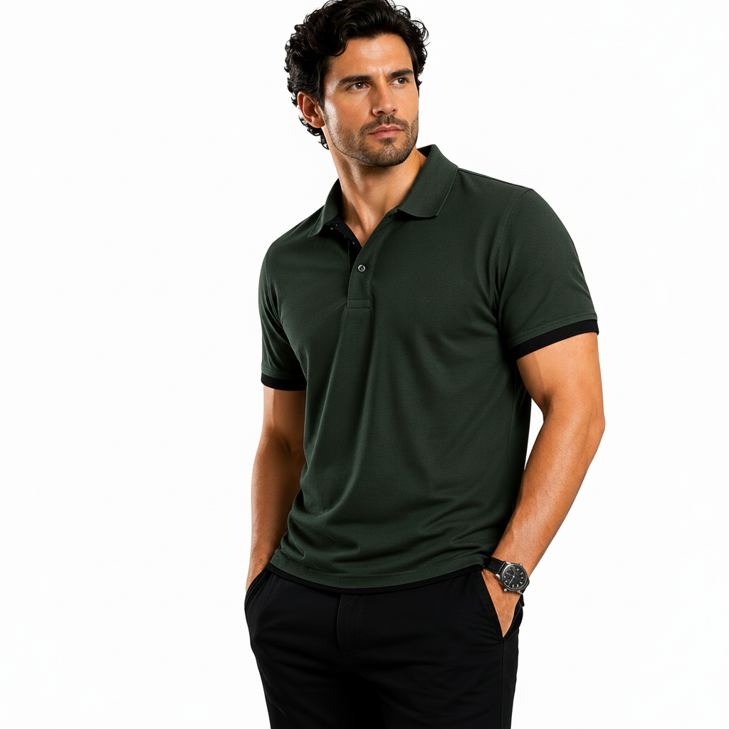 Man wearing a green polo shirt with product features highlighted on a white background