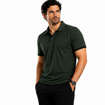 Man wearing a green polo shirt with product features highlighted on a white background