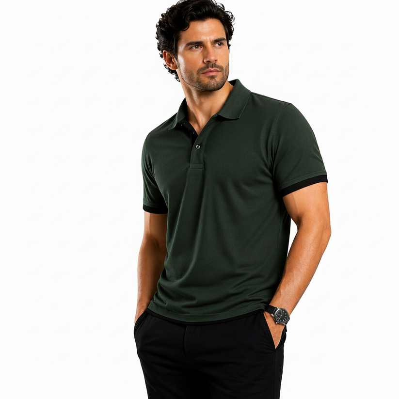 Man wearing a green polo shirt with product features highlighted on a white background