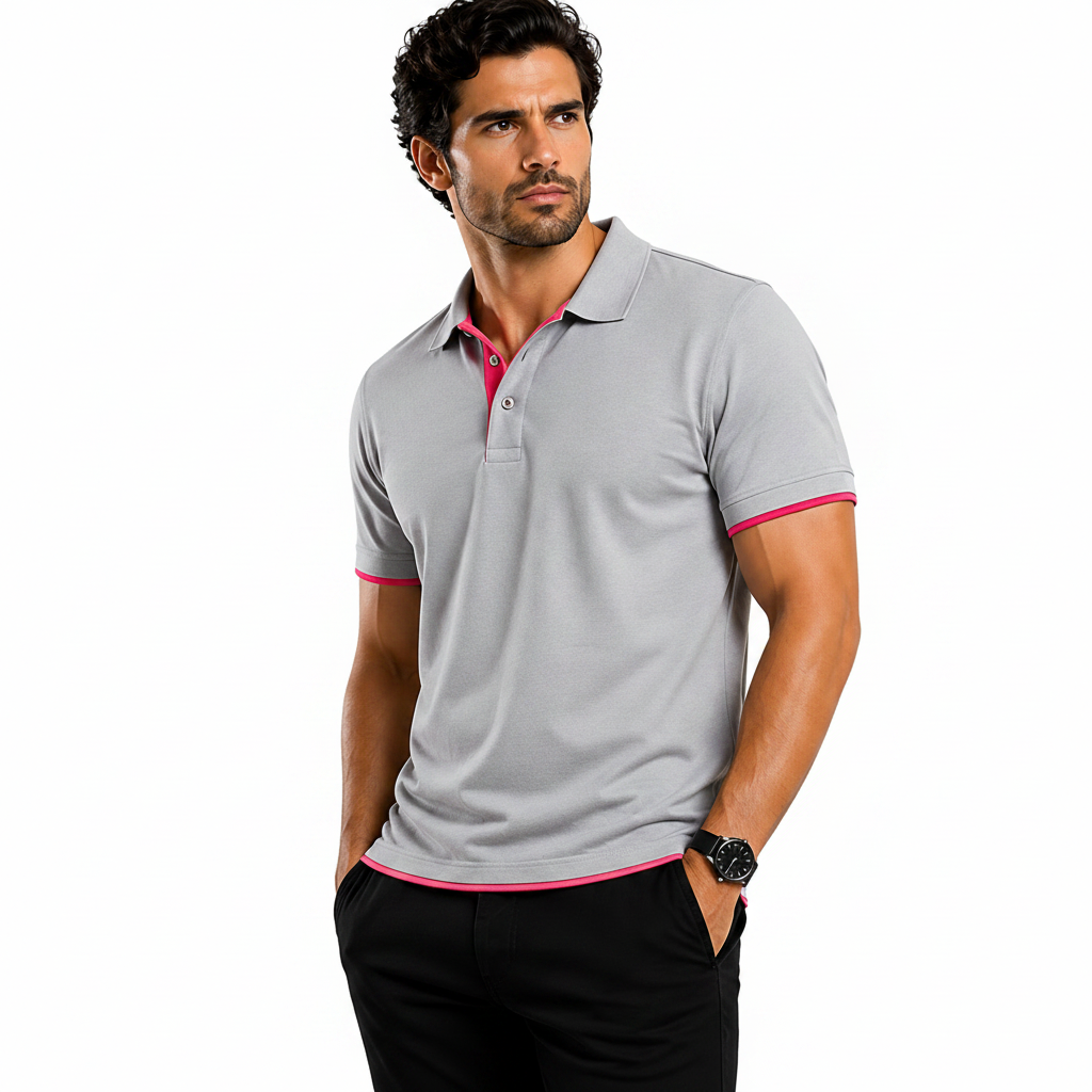 Man wearing a gray polo shirt with pink accents, promotional text about men's premium polo shirt features.