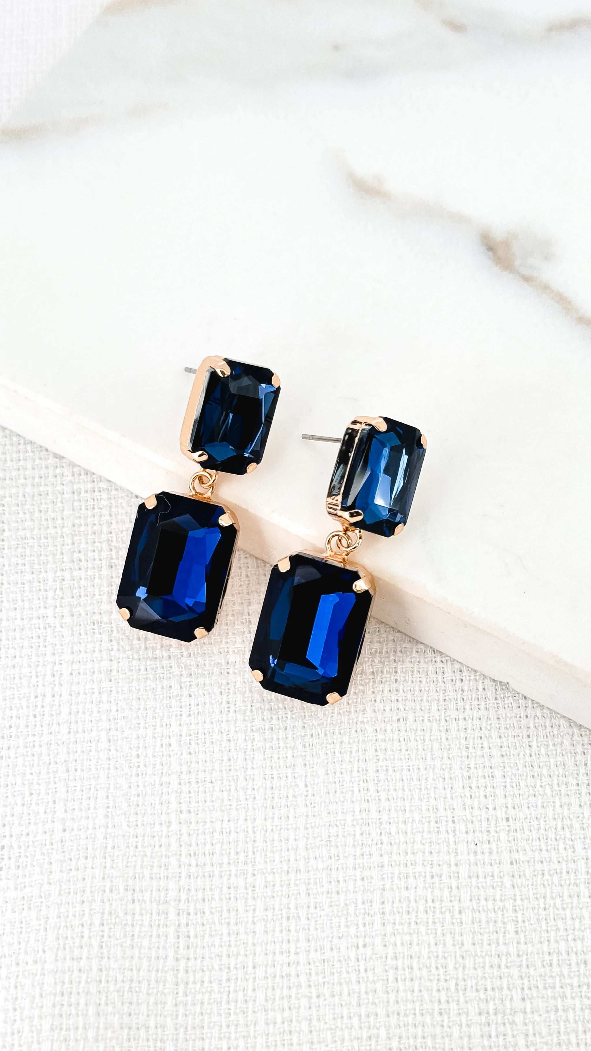 Gold and Blue Faceted Glass Dropper Earrings
