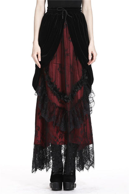 Dark In Love Arabella Red Maxi Skirt – Black Velvet & Lace Over Crimson