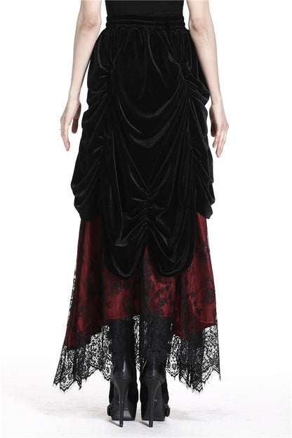 Dark In Love Arabella Red Maxi Skirt – Black Velvet & Lace Over Crimson