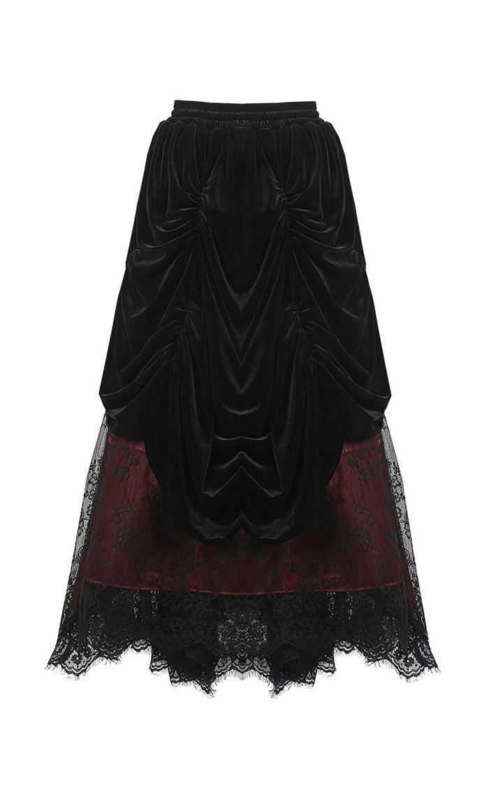 Dark In Love Arabella Red Maxi Skirt – Black Velvet & Lace Over Crimson