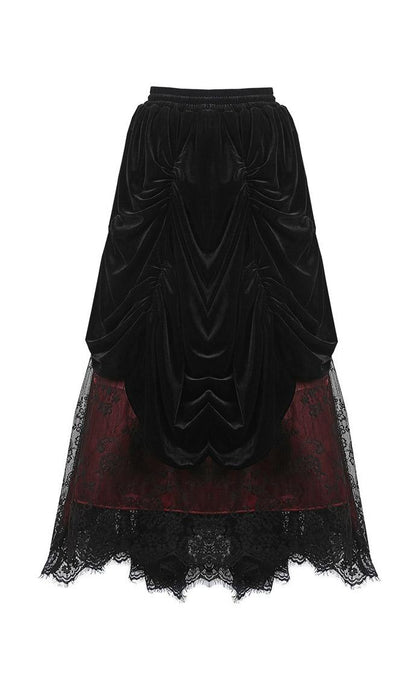 Dark In Love Arabella Red Maxi Skirt – Black Velvet & Lace Over Crimson