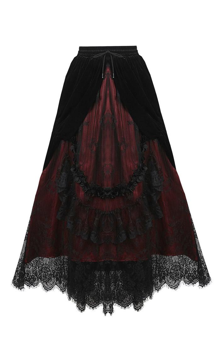 Dark In Love Arabella Red Maxi Skirt – Black Velvet & Lace Over Crimson