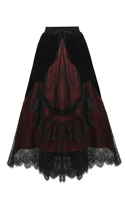 Dark In Love Arabella Red Maxi Skirt – Black Velvet & Lace Over Crimson