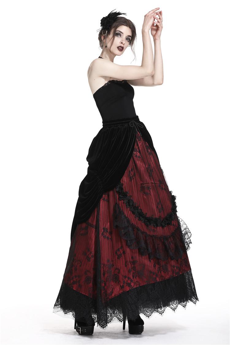 Dark In Love Arabella Red Maxi Skirt – Black Velvet & Lace Over Crimson