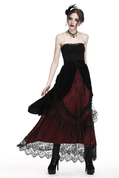 Dark In Love Arabella Red Maxi Skirt – Black Velvet & Lace Over Crimson