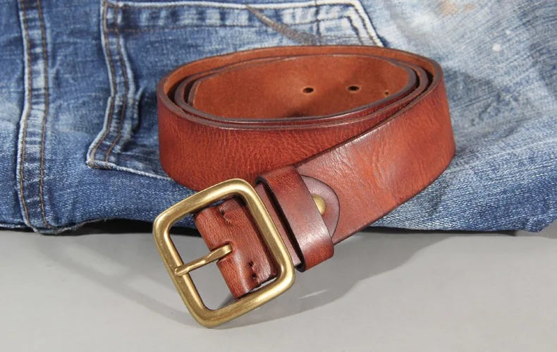 Mens Cowhide Leather Belt – Handmade Retro Copper Buckle Casual Luxury 38mm Wide