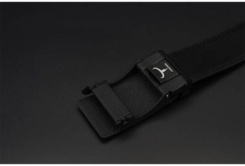 Mens Genuine Leather Ratchet Belt Automatic Buckle Black Adjustable Waist 30-42 - QHA UK