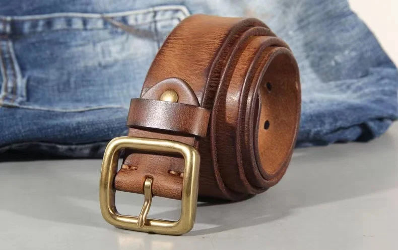 Mens Cowhide Leather Belt – Handmade Retro Copper Buckle Casual Luxury 38mm Wide