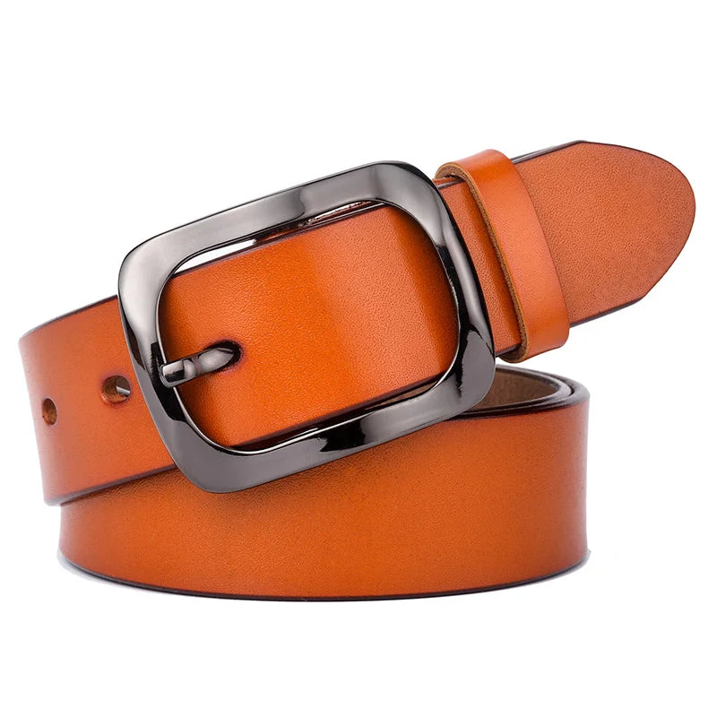 Brown leather belt with a silver buckle on a white background
