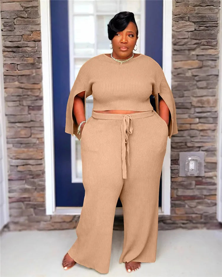 Crew Neck Knitted	 sweat suit set women plus size women clothing two piece set