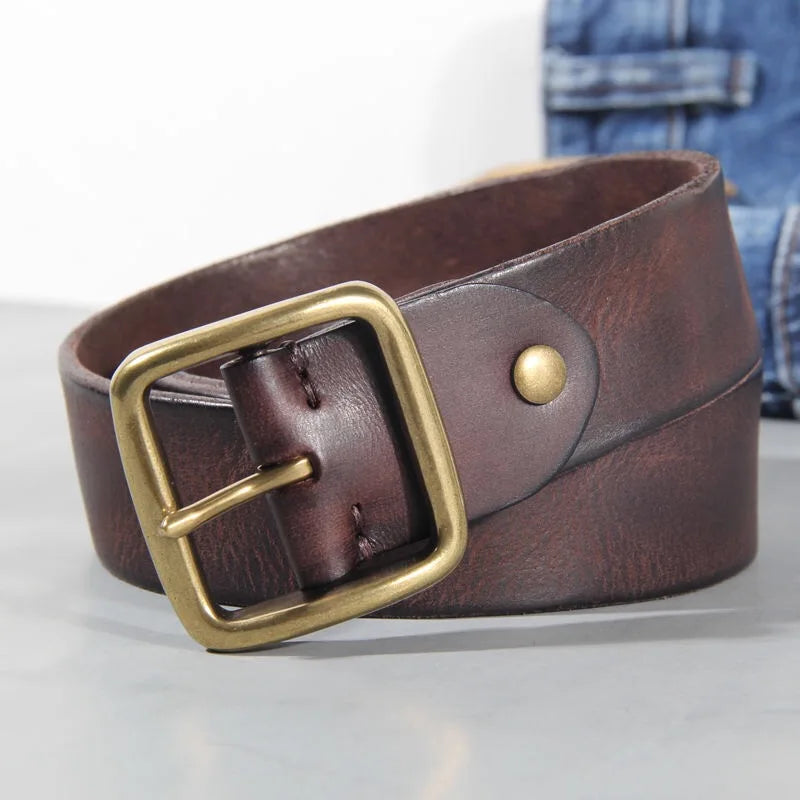 Mens Cowhide Leather Belt – Handmade Retro Copper Buckle Casual Luxury 38mm Wide