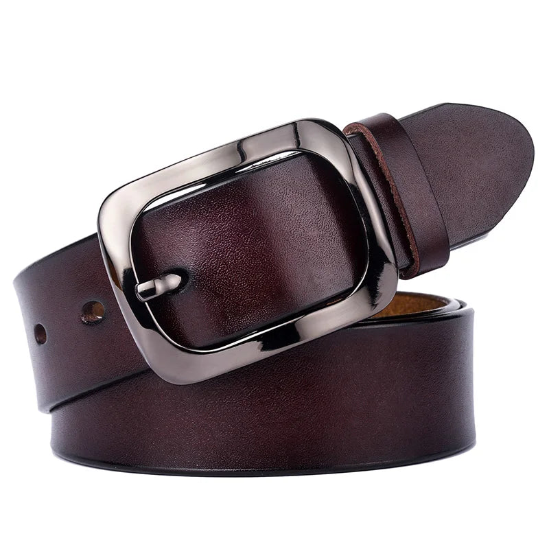 Brown leather belt with a silver buckle on a white background