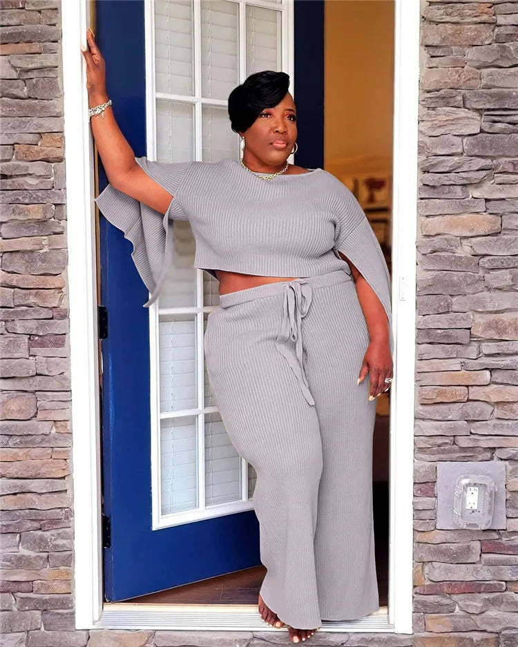 Crew Neck Knitted	 sweat suit set women plus size women clothing two piece set