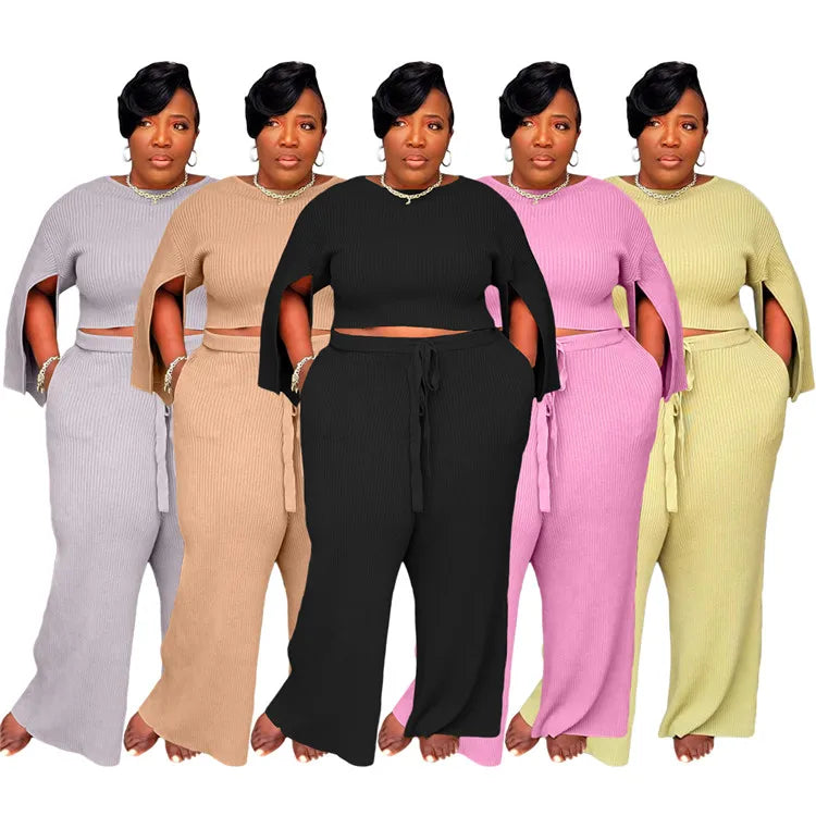 Crew Neck Knitted	 sweat suit set women plus size women clothing two piece set