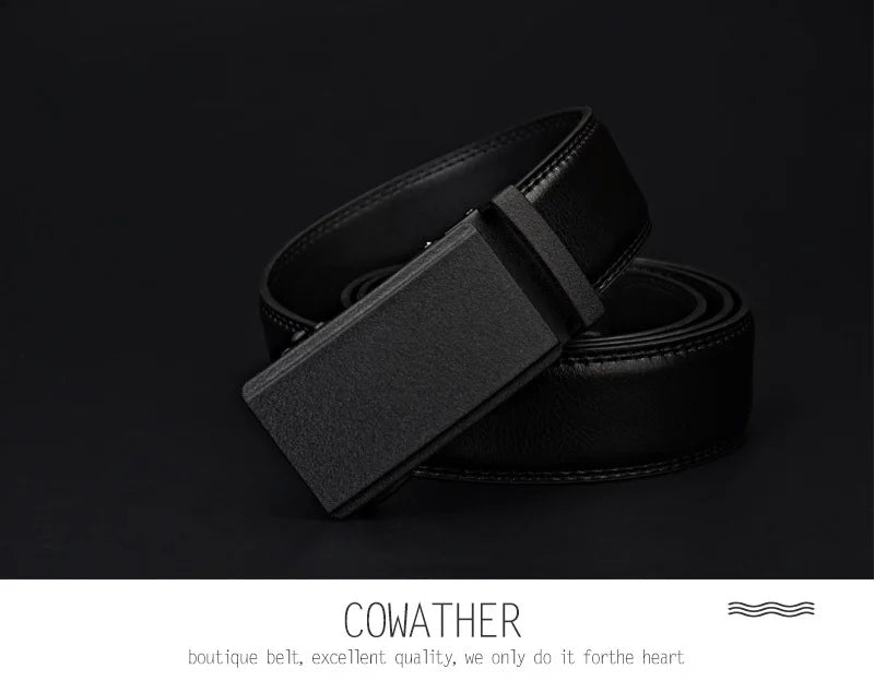 Mens Genuine Leather Ratchet Belt Automatic Buckle Black Adjustable Waist 30-42 - QHA UK