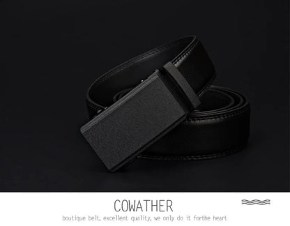Mens Genuine Leather Ratchet Belt Automatic Buckle Black Adjustable Waist 30-42 - QHA UK