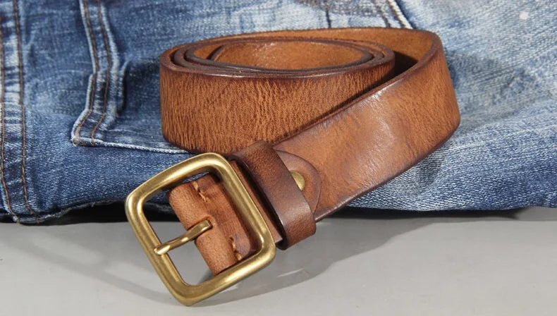 Mens Cowhide Leather Belt – Handmade Retro Copper Buckle Casual Luxury 38mm Wide
