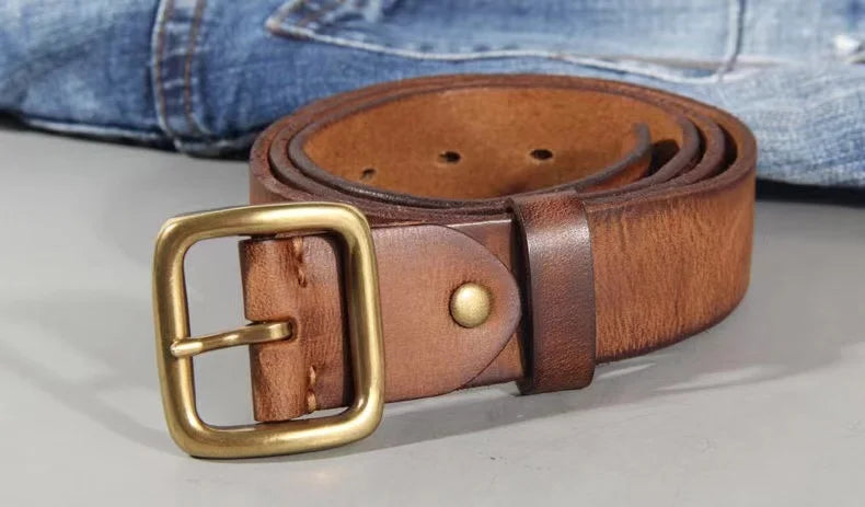 Mens Cowhide Leather Belt – Handmade Retro Copper Buckle Casual Luxury 38mm Wide