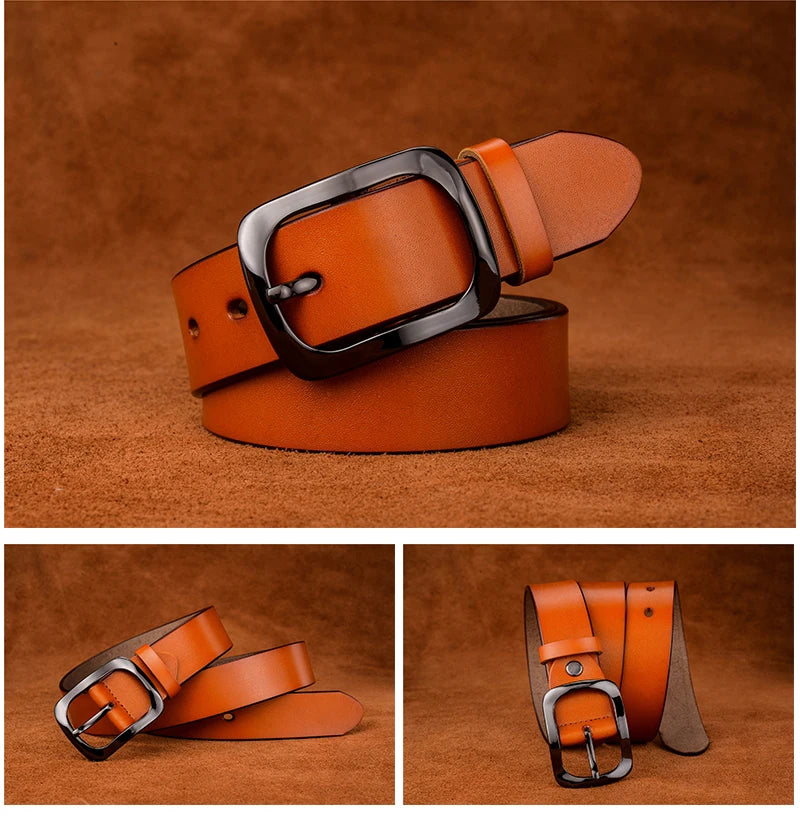 Brown leather belt with black buckle on a brown background