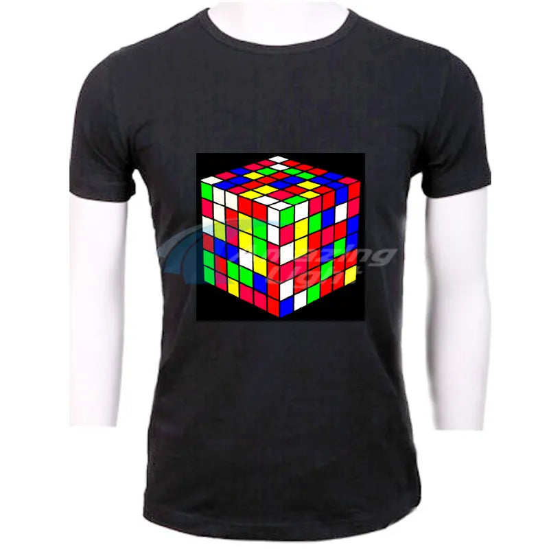 Sound-Activated LED T-Shirt – Colourful Rubik's Cube Light-Up Panel, Music Responsive Flashing Selection