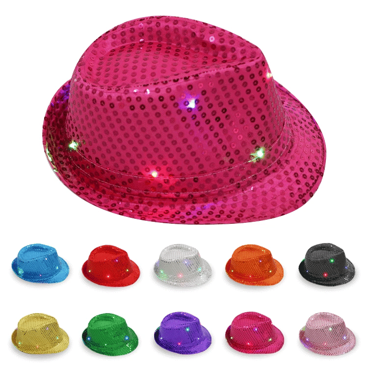LED Sequin Fedora Hat & Glowing Necktie Set – Light-Up Festival & Party Accessories for Kids & Adults