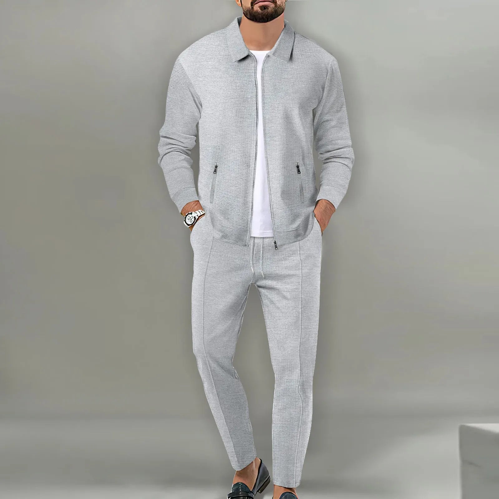 2024 Korea new men's fall two-piece jogging lapel jacket top + loose pants cotton casual sportswear big size workwear suit