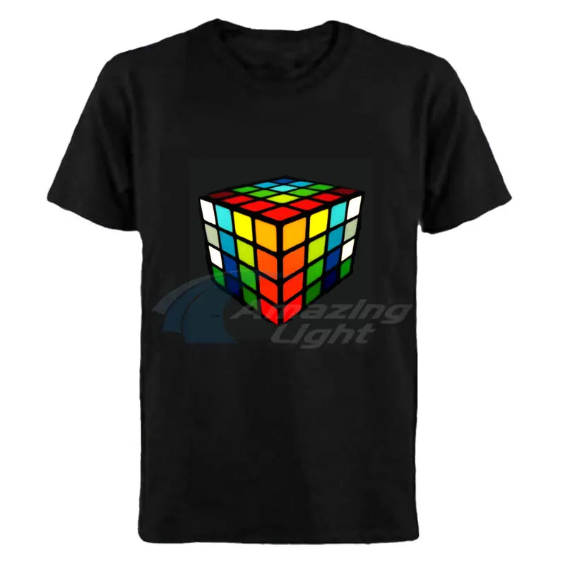 Sound-Activated LED T-Shirt – Colourful Rubik's Cube Light-Up Panel, Music Responsive Flashing Selection