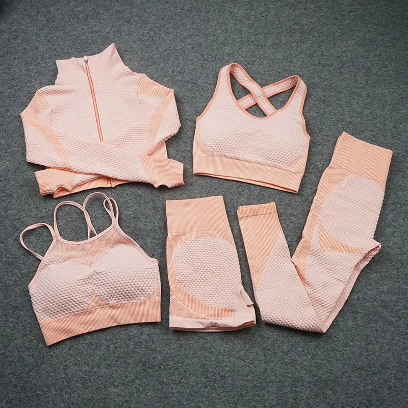 2/3/5 PCS Seamless Women Yoga Set Workout Sportswear Gym Clothing Fitness Long Sleeve Crop Top High Waist Leggings Sports Suits