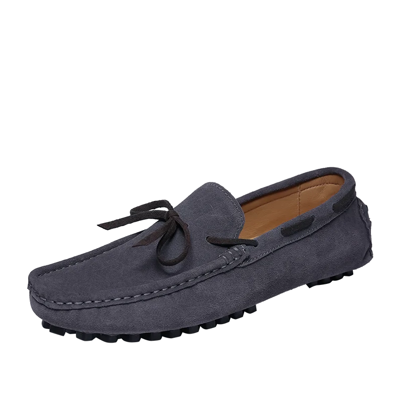 Men's Casual Flat-Soled Leather Loafer Moccasins Comfortable and Light Square-Toe Beanie Shoes with Bow for Driving