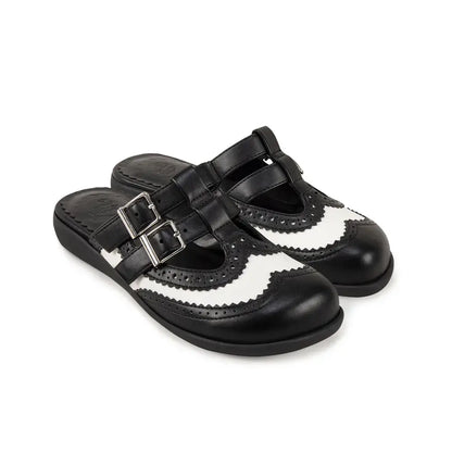 Chocolaticas® Havana Clogs – Gothic Black & White Brogue Vegan Slip-Ons