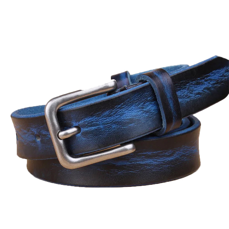 Blue leather belt with silver buckle on a white background, featuring the brand 'MaiKun'.