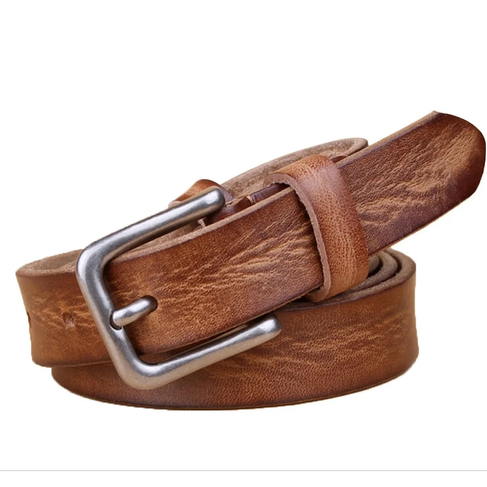Brown leather belt with a silver buckle on a white background
