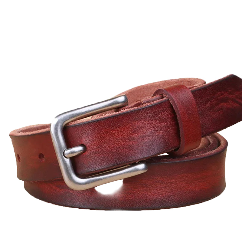 Brown leather belt with silver buckle on a white background, featuring the brand 'MaiKun'.