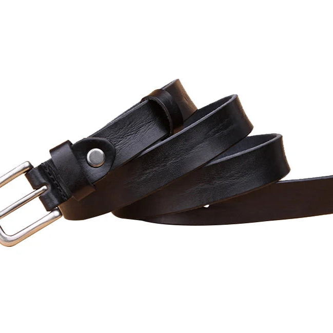 Black leather belt with silver buckle on a white background