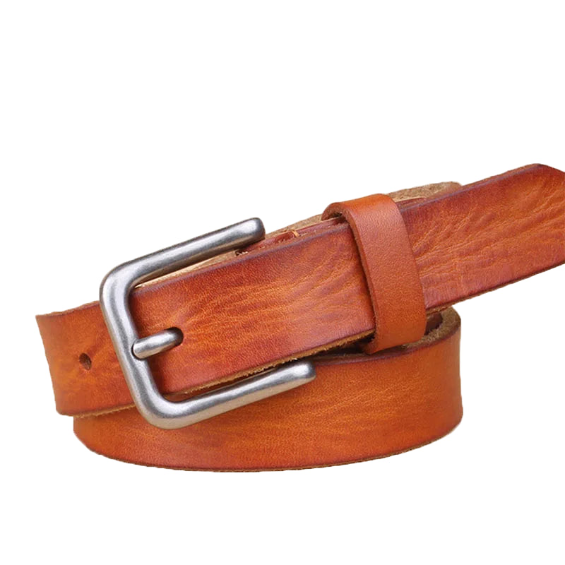 Brown leather belt with silver buckle on a white background, featuring the brand 'MaiKun'.