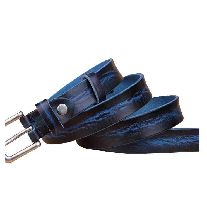 Blue leather belt with silver buckle on a white background