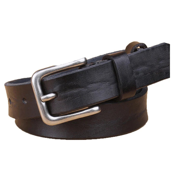 Black leather belt with a silver buckle on a white background