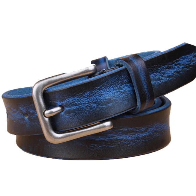 Blue leather belt with a silver buckle on a white background