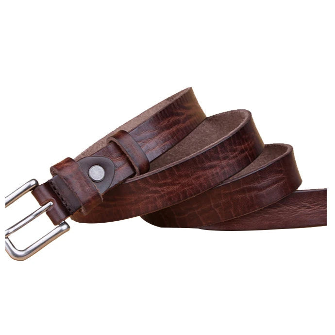 Brown leather belt with silver buckle on a white background