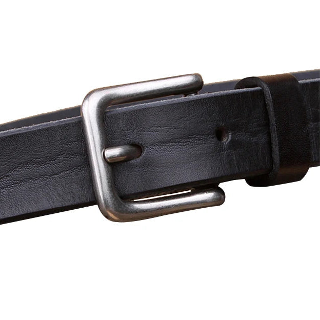 Black leather belt with a silver buckle on a white background