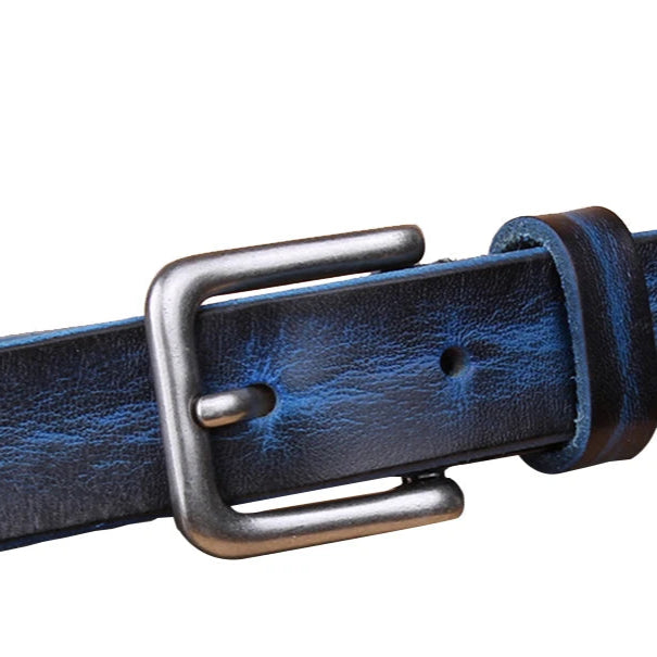 Blue leather belt with a silver buckle on a white background