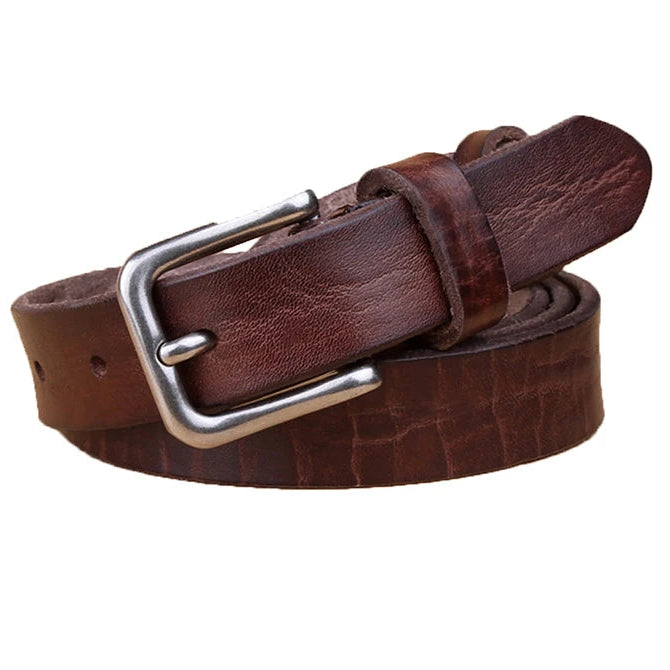 Brown leather belt with a silver buckle on a white background