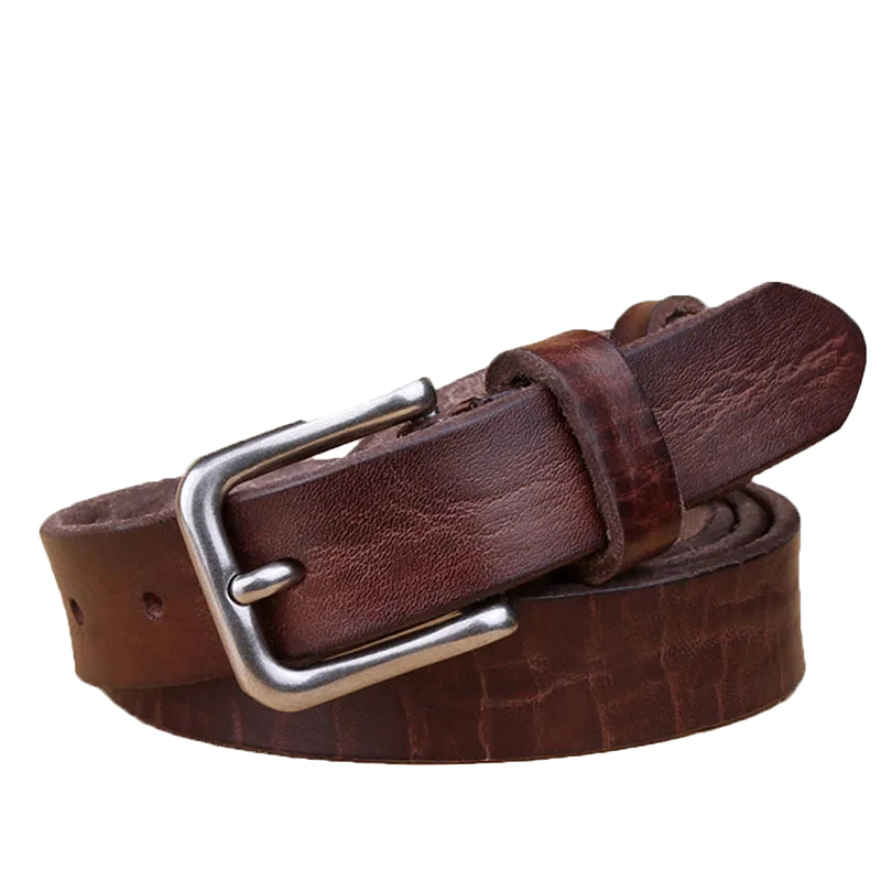 Brown leather belt with silver buckle on a white background, featuring the brand 'MaiKun'.