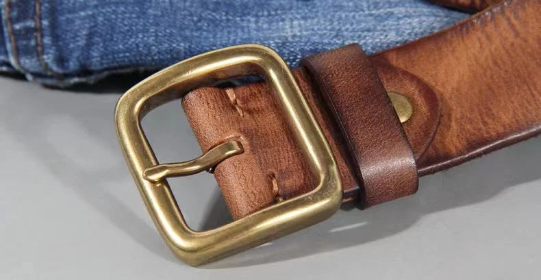 Mens Cowhide Leather Belt – Handmade Retro Copper Buckle Casual Luxury 38mm Wide