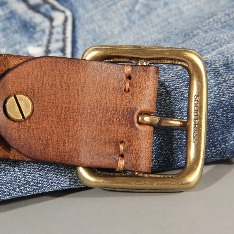 Mens Cowhide Leather Belt – Handmade Retro Copper Buckle Casual Luxury 38mm Wide