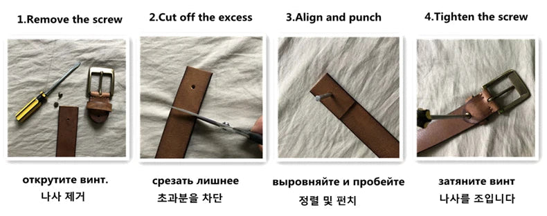 Step-by-step guide on trimming a belt with images and text instructions.